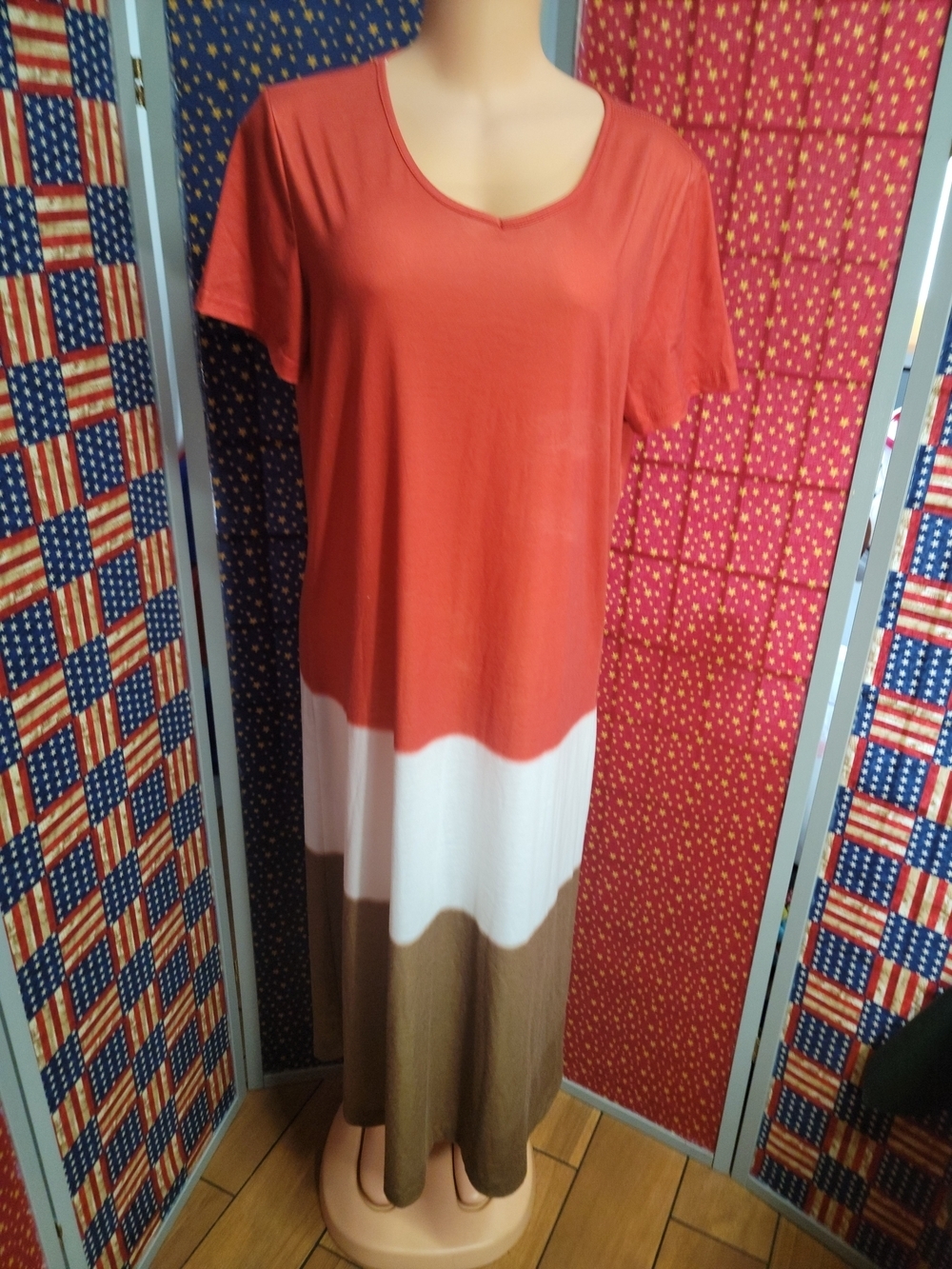 MISSLOOK Red White Brown Colorblock Short Sleeve Maxi Dress